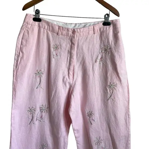 Saint Tropez West  Women Linen Crop Pants Palm Tree Print Size 16 Pink Beachy