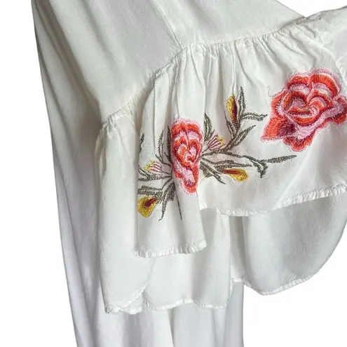 Womens Feathers Floral Embroidered Flutter Sleeve Flowy Off Shoulder Top Sz 2X White