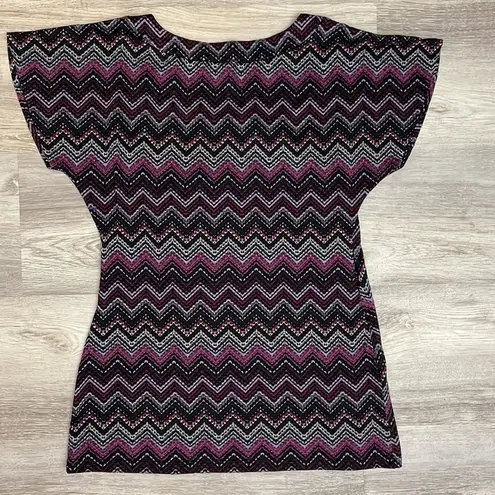 6 Degrees Purple, Black, Blue, Gray Chevron Print Knit Short Sleeve Shirt Size L