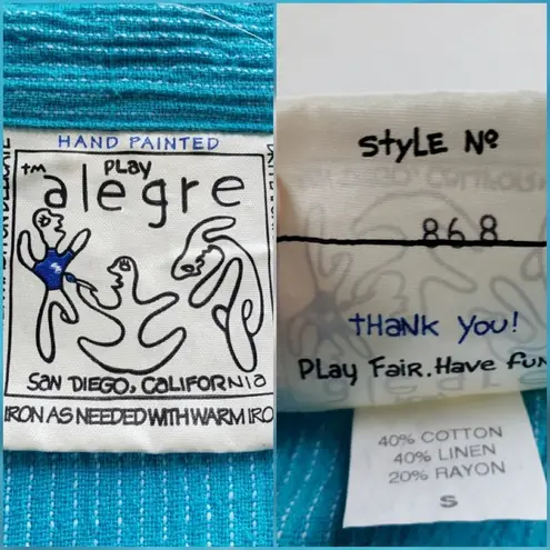 Play Alegre Womens Linen Blend Top iz Small Hand Painted Button Grannycore Boho Blue