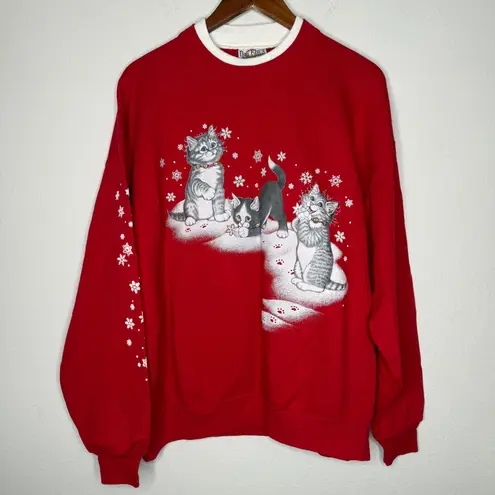 VTG Day Breeze Cats Kittens Snowflake Print Crewneck Sweatshirt Sz XL Red