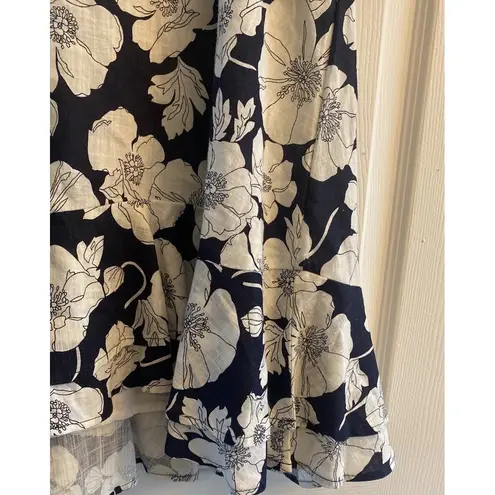 Luxe Linen Womens 12 Navy Floral Mini Dress Ruffle Sleeve Cottagecore