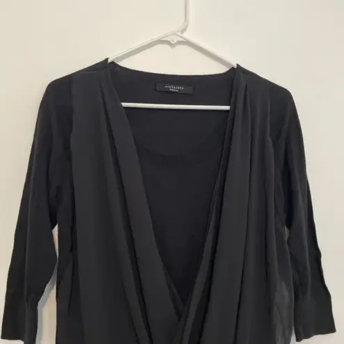 ALL SAINTS Taybar Sheer Cowl Knit Top Black Mixed Media 3/4 Sleeve M