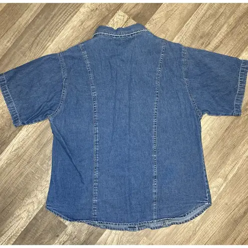 Speed Star Women M Shirt Blue Denim Floral Embroidery Cotton Button Down VTG Size M