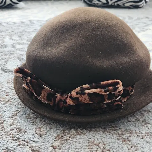 Vintage Wool Mushroom Hat With Leopard Velvet Bow Brown