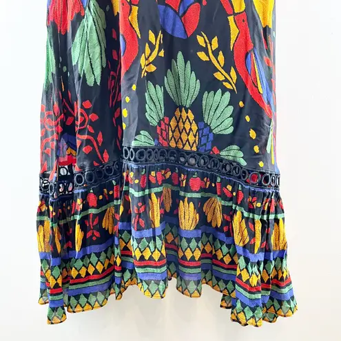 Farm Rio Georgette Tropical Puff Sleeve V-Neck Ruffle Maxi Dress Black Medium