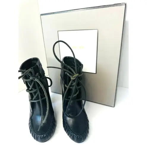 Tom Ford Black Leather Fringe Lace-Up Ankle Boots Size 35.5 Block Heel Booties
