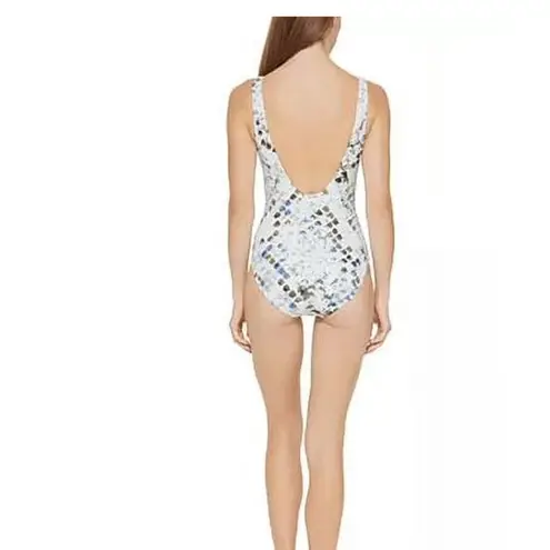 DKNY  SPLASH Peek-a-boo Twist Cutout White & Grey One-Piece Swimsuit US 14 NWT