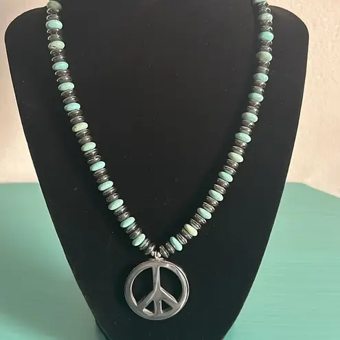 New Hand Crafted Hematite and Howlite Bead Necklace with Peace Sign Pendent Blue