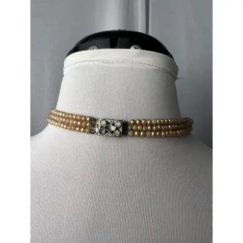 Vintage triple layered golden faux pearl choker Necklace with clip back Gold