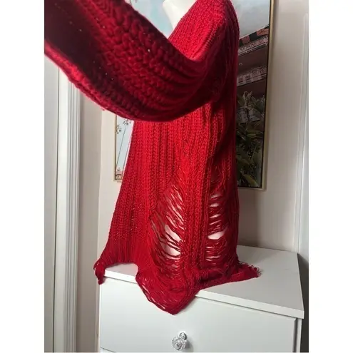 Juju*Be Red Ripped Distressed Knit Pullover Hi Low 3/4 Sleeve Sweater Size Large