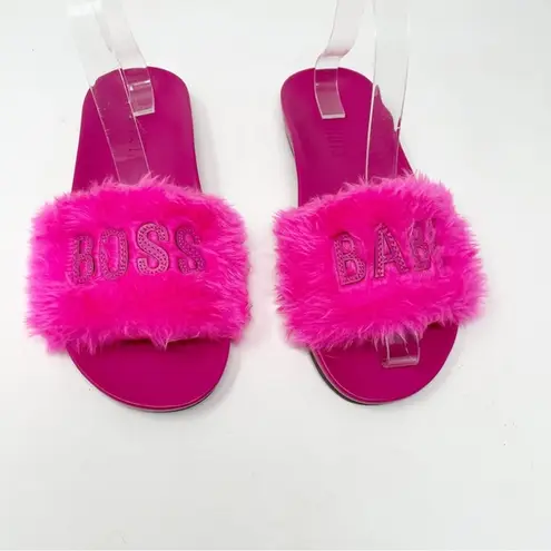 Schutz Hot pink faux fur furry Boss Babe sandals slides slippers shoes 6.5 new
