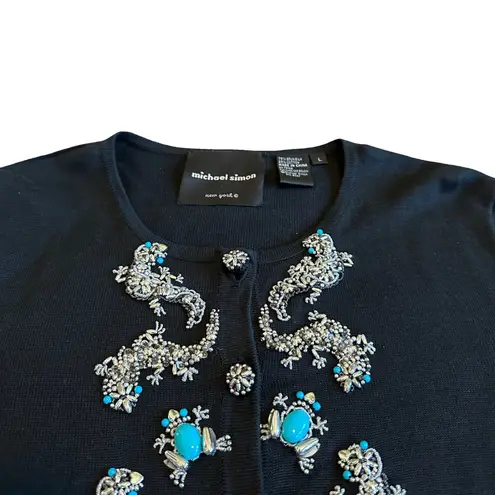 Michael Simon Vintage Retro Cardigan Sweater Turquoise Beaded Gecko Frog Large Black