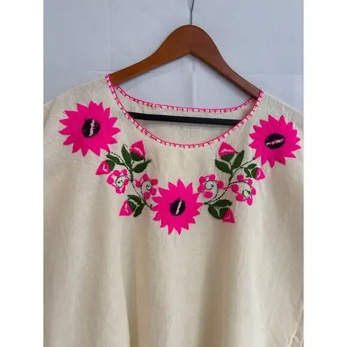 Handmade Women’s Size Not Known, Cream with Pink and Green Embroidery.