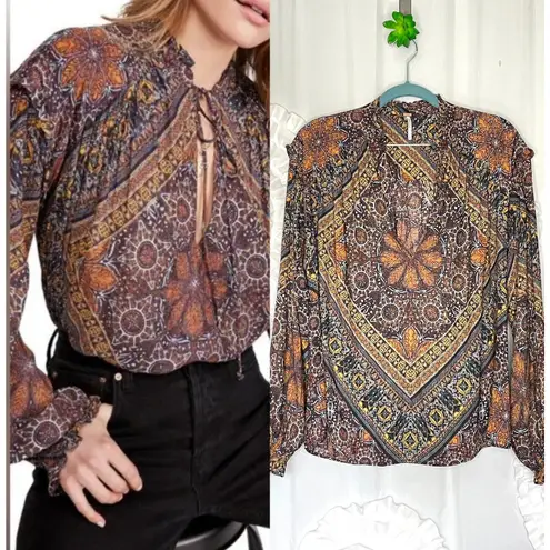 Free People  Little Runaway Medallion Print Top Blouse Size Small Keyhole Neck