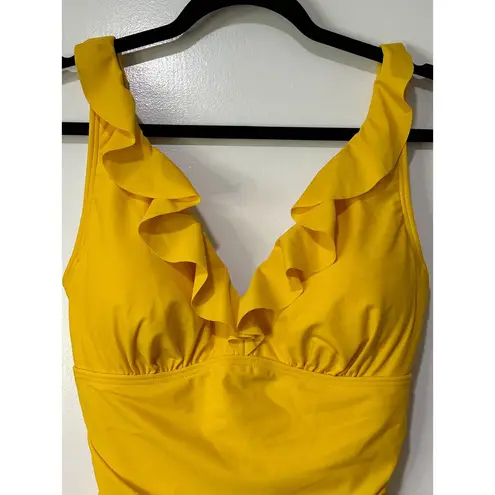 DKNY  Ruffle Plunge Underwire Tummy Control One Piece Yellow Swimsuit Size 10 NWT