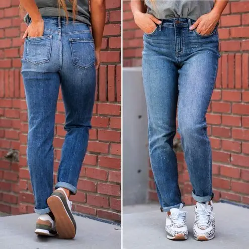 Judy Blue Boyfriend Jeans Dark Indigo Bleach Splatter Women’s Size 32 | 14/15