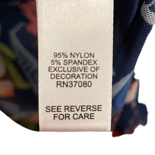 Est. 1946 NWT Tropical Floral Sheer Mesh Ruffle Pom Pom Sleeve Stretch Blouse