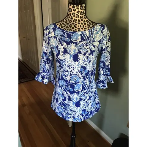 Lilly Pulitzer  Small Tunic Top Boat Neck Blue/White Pretty Peas Cotton Spandex