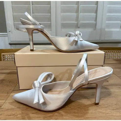 Loeffler Randall Alina Bow Pump Ankle Strap Satin Cream Size 8.5 NIB Chic Classy