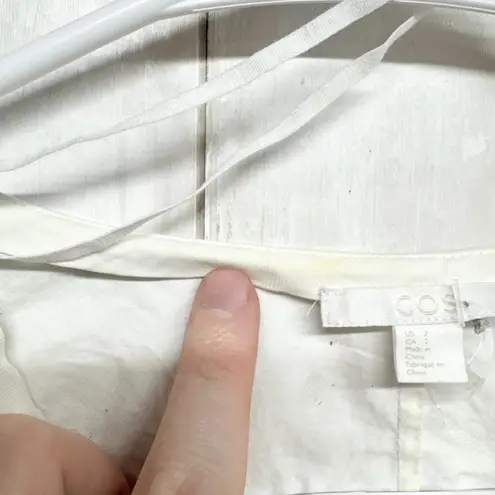 COS Shirt Women Size 2 White Cotton Linen V-Neck 3/4 Tie Sleeve Tunic Blouse