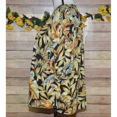 Panama Jack Women's XL Black Yellow Floral Blouse Top Linen Blend Keyhole Neck