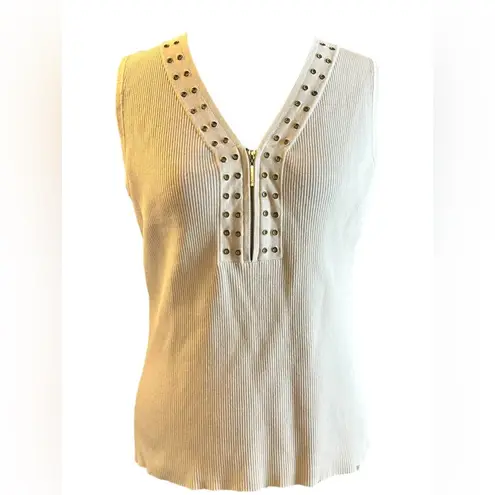 Cable & Gauge Cream Ribbed Tank Top V-Neck Grommet Zip Sleeveless Top Size XL