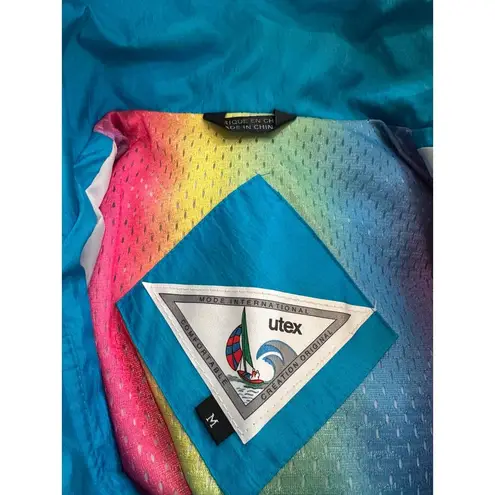 Unex Vintage 90s Windbreaker Jacket Size Medium Teal Green Shoulder Pads Blue