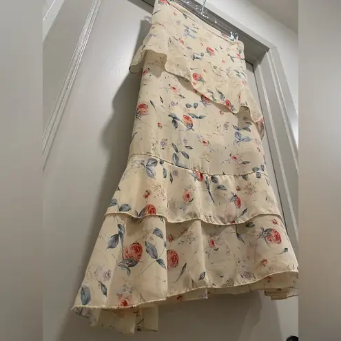 Cottagecore Cream & Pink Floral Print Tiered Maxi Skirt