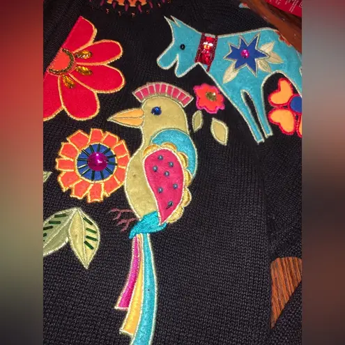 Arriviste Vintage Beaded Embroidered Cat Dog Animals Birds Sweater Small Zip Up Black