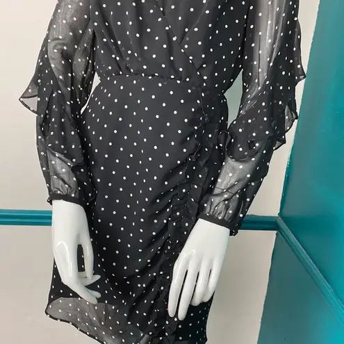 Rachel Roy  polka dot dress with sheer sleeves a ruffle detail.