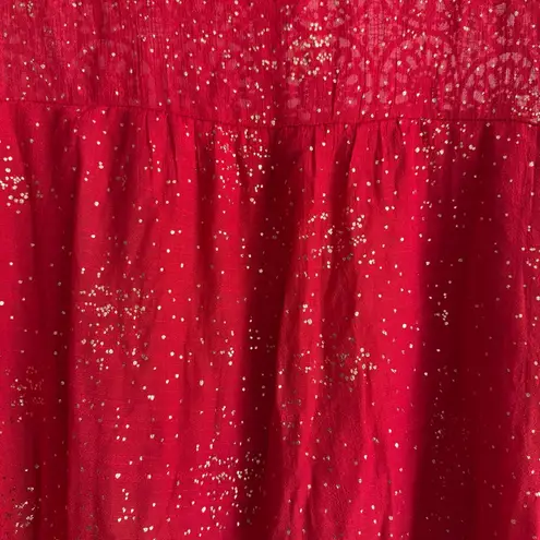 Plus Size 3X Red Metallic Blouse Crochet Yoke Long Sleeve Sparkle Evening Top