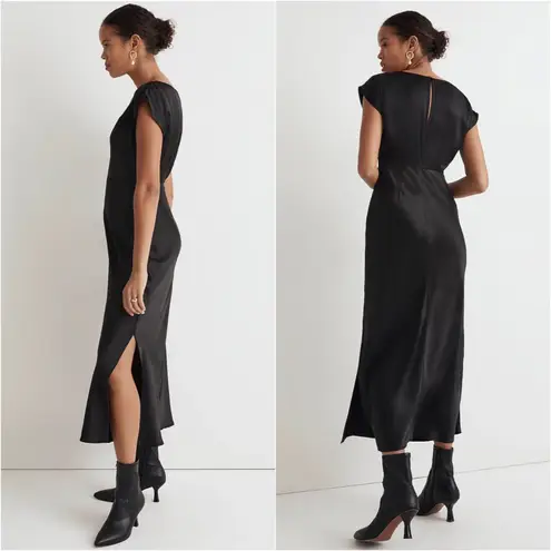 Madewell Dress Wide V-Neck Midi Satin Side Slit True Black 00