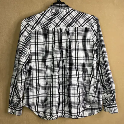 Time & Tru Women's Plaid Long Sleeve Button Up Shirt Top XL Winter White Black