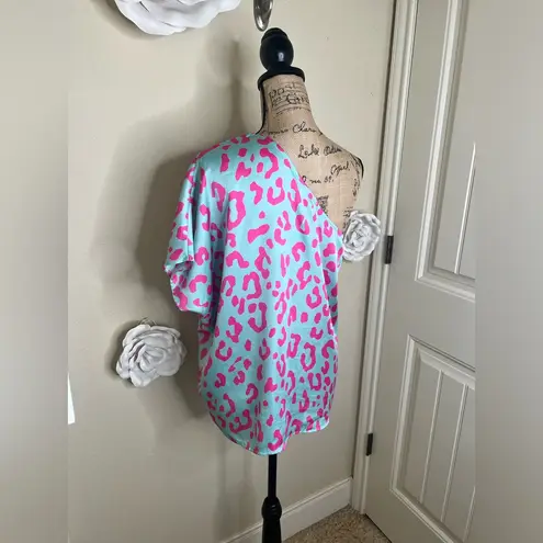 Entro NTM: One Shoulder Minty Blue with Pink Leopard Print Blouse Sz Small