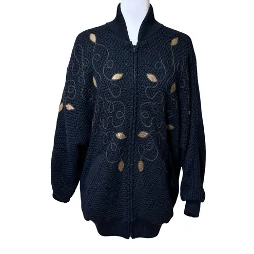 Tundra Canada Vintage Hand Knit Appliqué Full Zip Sweater Black Medium Lined