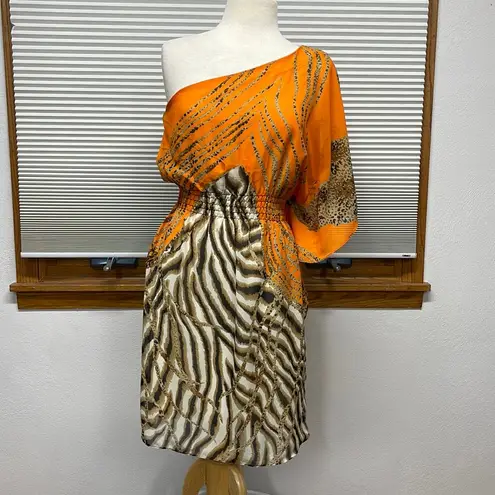 Bisou Bisou 8 // NWT Orange Tiger Stripe Print One Shoulder Mini Dress