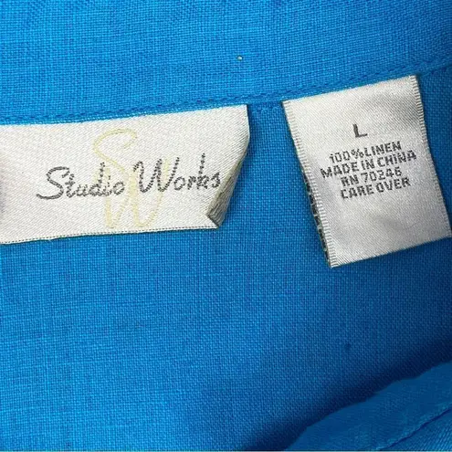 Studio Works  Linen Button Front Shirt Turquoise Large Long Sleeve