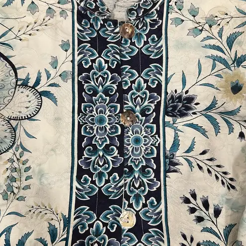 Citron Santa Monica Cotton Silk Three Button Blazer Floral Butterfly Large Read Blue