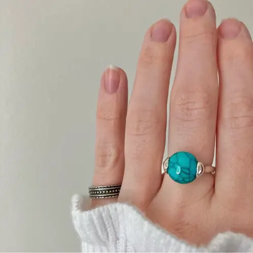 Boutique Southwestern Blue Turquoise Silver Ring “Norma” 7.5 Cowgirl Maximalist