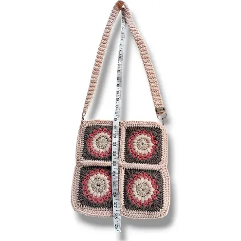 Handcrafted Crochet Floral Granny Square Crossbody Bag Peach Grey & Orange Lined