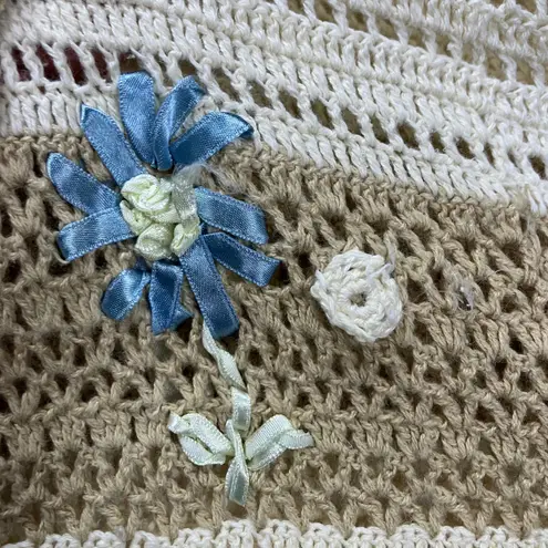 Vintage Cervelle Crochet Knit Button Up Cardigan Beige Cream Floral Applique 3X Tan