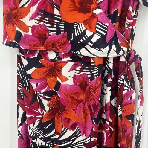 Caribbean Joe pink floral lillies faux wrap side tie short sleeve tropical dress