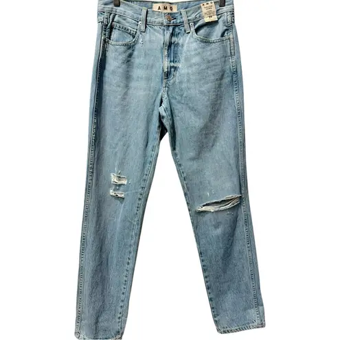 New AMO The Low Down Mid RiseDistressed Exhale Med Wash Straight Jeans 26 $299 Blue
