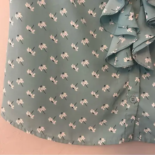 ⭐️Romy light teal blue sleeveless blouse with dandelion print and ruffles medium