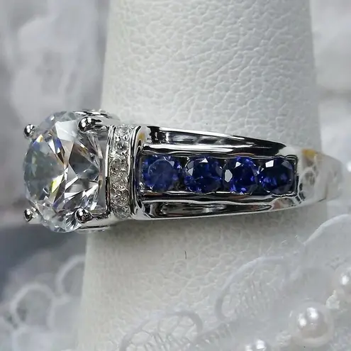 NWOT Lab Sapphire&2ct CZ Ring Art Deco Style Wedding,anniversary, engagement Silver