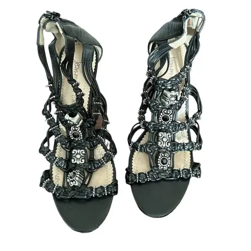 JEAN MICHEL CAZABET GOTH CORINA EMBELLISHED BLACK STRAP HEELED SANDAL CAGE SHOES Size 7