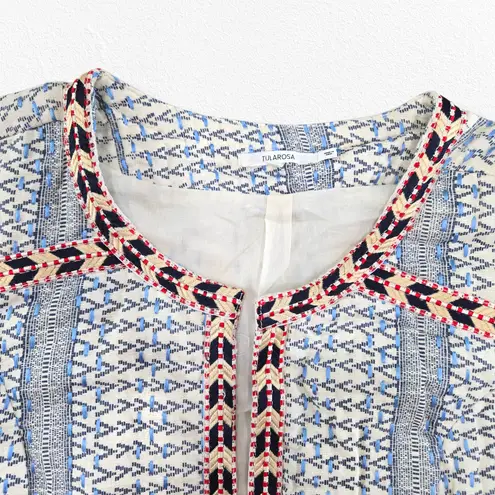 Tularosa  Blue White Woven Embroidered Boho Fringe Jacket Open Blazer Size Medium