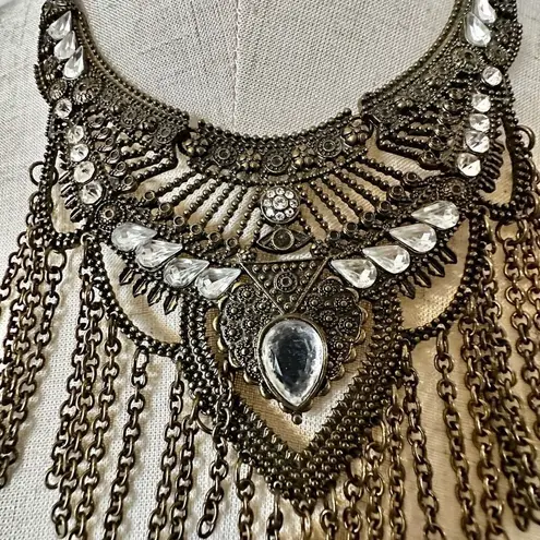 Brass tone rhinestone chain statement necklace