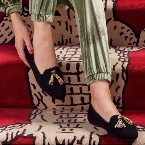 Birdies The Blackbird Black Suede Sherpa Lined Cheetah Tassel Loafers size 6.5